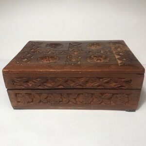 Vintage Hand Carved Wooden Trinket Jewellery Box, Floral Folk Art
